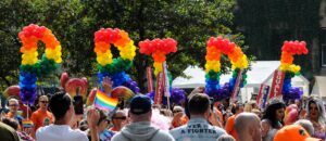 pride month rainbow balloons