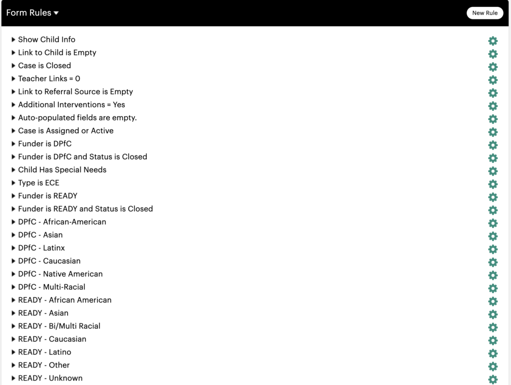 A screenshot showing how we strung case rules together to create more complex form logic